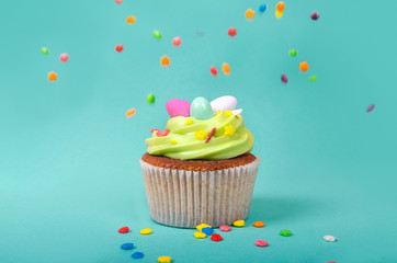 Easter pistachio cupcake with decorations