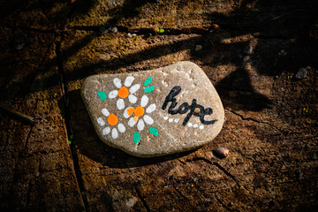 Hope painted rock in the sunlight