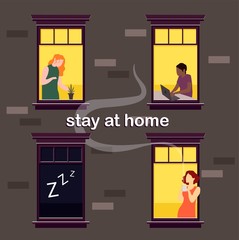 Stay at home vector. People in windows staying home