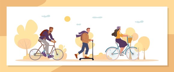People eco transportation in autumn. Active healthy lifestyle. Man woman different age moving by eco-friendly kick scooter, bicycle. Ecology environment. Cycling, fitness exercises. Park, countryside
