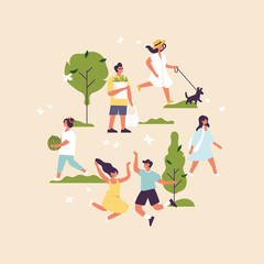 Spring illustration with people enjoying and relaxing their time outdoors in park. Spring season recreation. Vector illustration in a flat style, circle composition.