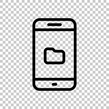 Mobile phone and folred, file explorer, outline design. Black symbol on transparent background