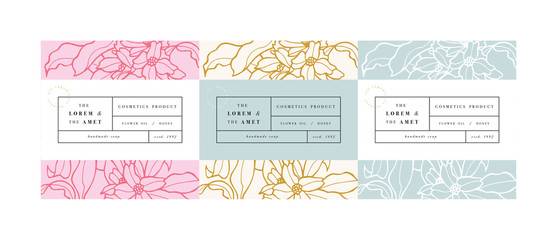 Vector set pattens for cosmetics with label template design. Patterns or wrapping paper for package and beauty salons. Jasmine flowers. Organic, natural cosmetic.