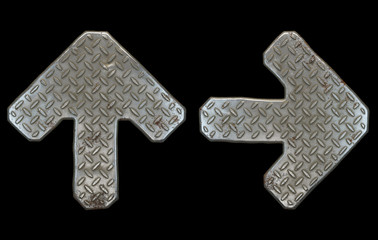 Set of symbols up arrow and right arrow made of industrial metal on black background 3d