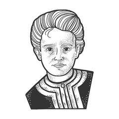 Marie Curie portrait sketch engraving vector illustration. T-shirt apparel print design. Scratch board imitation. Black and white hand drawn image.