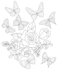 bouquet of roses, flowers and leaves with flying butterflies aro