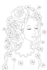 charming calm girl with roses in her wavy long hair standing wit