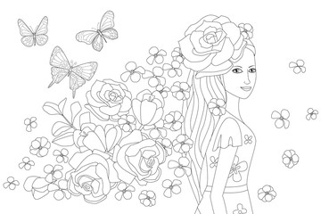 charming smiling girl with rose in her wavy long hair looking ov