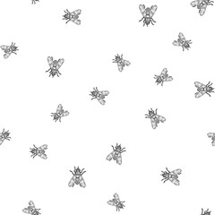 fly insect seamless pattern background sketch engraving vector illustration. T-shirt apparel print design. Scratch board imitation. Black and white hand drawn image.