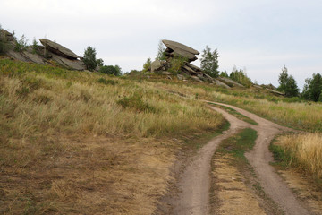 The landscape with the ground road, yellow and green grass, the grey fantastic rocks with small trees in cloudy summer day