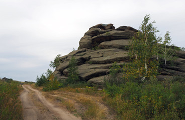The landscape with the ground road, yellow and green grass, the big grey fantastic rock with small trees in cloudy summer day