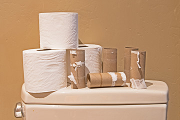 A group of full and empty toilet roles placed on the top of the toilet. © John