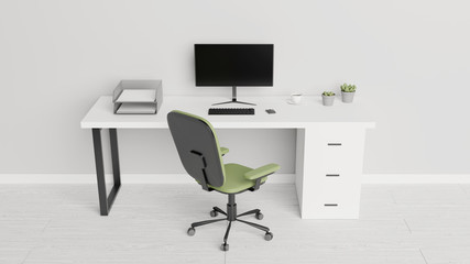 Desktop with a computer, papers, cactus plants and a cup of coffee