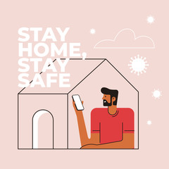 Man stays at home during a virus outbreak vector illustration. Communication via smartphone at self-isolation during quarantine. Social distance and infection prevention.