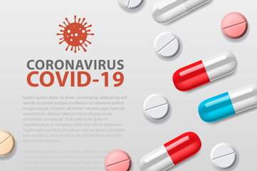 Coronavirus pills vector illustration. Pandemic concept medicine illustration. Coronavirus outbreak. 2019-nCoV background. Medical design element.