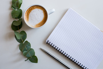 Empty notebook eucalyptus flowers, cup of coffee. Mockup notepad on white background. Still life. Spring romantic mood. Colorful lightTop view. Copy space