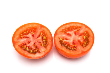 Fresh whole, half and sliced red tomato isolated white background
