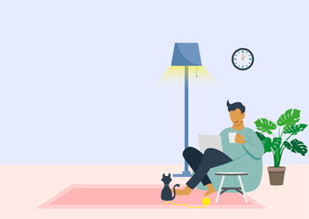 Work remotely at home concept. A freelancer man works with a laptop sitting on a comfortable armchair at home. Home office workplace.