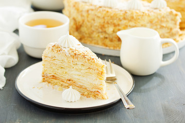 Napoleon cake. selective focus,