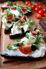 Healthy toasts with microgreens and white cheese.