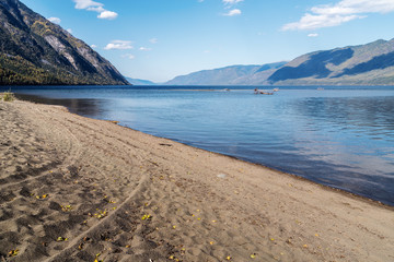 Landscape overlooking a mountain lake. Russia, Altai Republic, Ulagansky District, Lake Teletskoye, Cape Kirsay