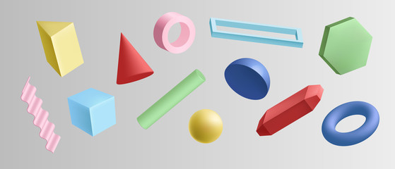 Set of colorful 3d geometric shapes isolated on white background. Collection of different abstract simple geometry design element vector graphic illustration. Glossy shape in motion © Богдан Скрипник