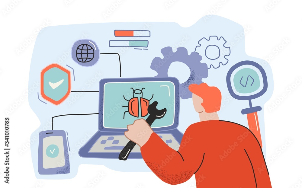 Poster male cartoon programmer working on bug detection at computer software vector flat illustration in do
