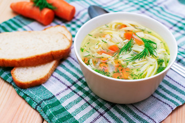 bowl of clear chicken soup with noodle and vegetables