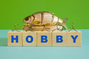 Fishing wobbler, fishing hooks, as a form of fascination. A place for a hobby text.
