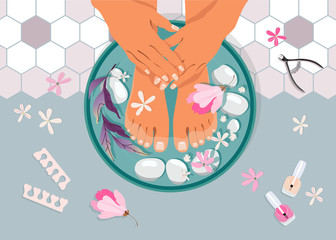 Spa pedicure top view vector illustration. Female feet in a bowl with water. Feet and hand treatments. Manicure and pedicure equipment, spa stones and flowers. Hand-drawn feminine salon design.