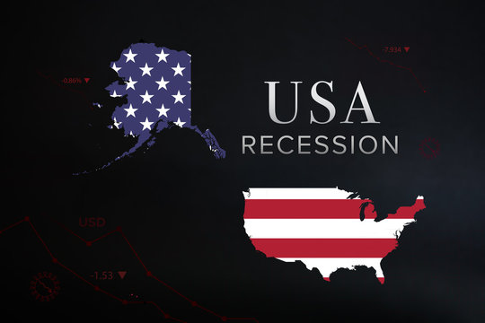 US economical recession and decline due to coronavirus or covid-19 crisis. US flag, map, stock charts and letters on black background.
