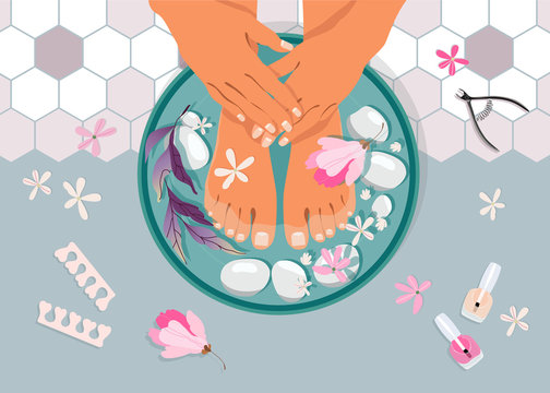 Spa pedicure top view vector illustration. Female feet in a bowl with water. Feet and hand treatments. Manicure and pedicure equipment, spa stones and flowers. Hand-drawn feminine salon design. © Lena Lapina
