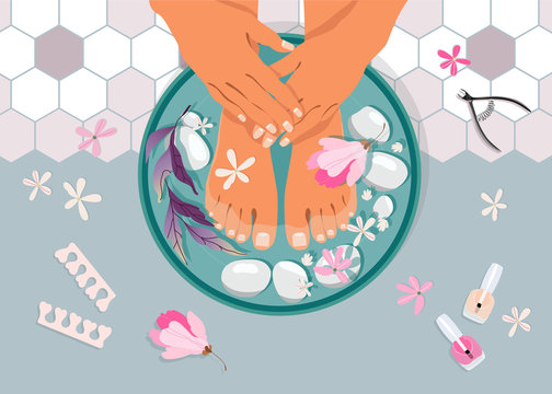 Spa pedicure top view vector illustration. Female feet in a bowl with water. Feet and hand treatments. Manicure and pedicure equipment, spa stones and flowers. Hand-drawn feminine salon design.