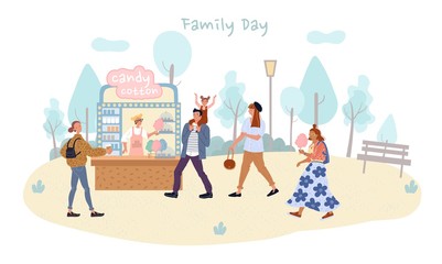People walk in park. Mother father holding daughter buy candy cotton. Saleswoman at street shop give child sweet snack. Student drink coffee. Hipster girl eat sugar dessert. Food fest, family day