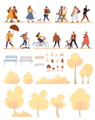 People, dog, natural park object autumn set. Man woman different generation, mature family couple, teenager girl boy walk, do sport, ride bicycle scooter. Tree, bush, bench, mushroom, grass, fence kit