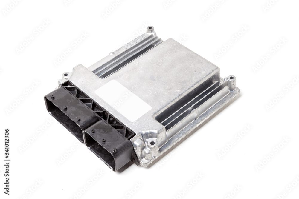 Wall mural Plastic car engine control unit with metal elements on a white isolated background is the connecting center of various subsystems, units and assemblies. Monitoring the state of the moment. Spare part