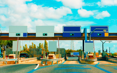 Toll booth with Blank traffic sign in road in Italy reflex