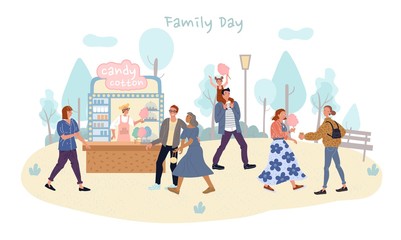 Fototapeta premium People walk buy candy cotton at shop stand in park. Family couple hugging. Father carrying daughter. Friends talking, snacking, drinking coffee. Seller offering sugar sweet. Woman choosing dessert