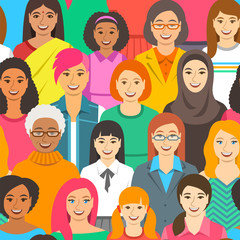 Women diversity seamless pattern. Happy smiling female faces of different ethnicity, age and race. Cartoon vector illustration. Girl power and togetherness concept. Feminist movement for women rights