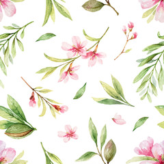Watercolor vector seamless pattern of pink flowers and almond leaves.
