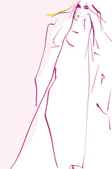 Young stylish woman, model. Fashion illustration in sketch style. Vector