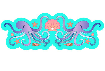 Symmetrical vector sea illustration with octopuses, shells, mollusks, starfish and a scallop shell with a large pearl. Vector horizontal divider with the inhabitants of the ocean.