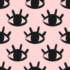 Simple seamless pattern with open eyes and lashes drawn by hand with a rough brush. Sketch, watercolour, paint, ink. Cute vector illustration. - 341014934