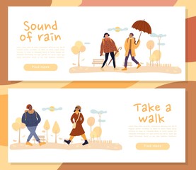 People walking under umbrella. Friends meeting in cloudy weather at park. Multiethnic man woman in warm clothes, hat on garden pathway. Cold autumn Take walk, rain sound motivation header banner set