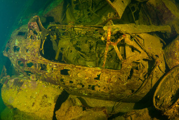 The remains of a Japanese zero fighter in the sunken Fujikawa Maru in Chuuk Lagoon. This vessel was...