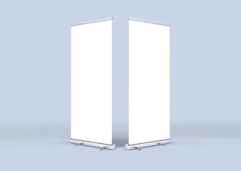Rollup banners stand. Blank template mockups. Exhibition stand roll-up banners, isolated screen for...