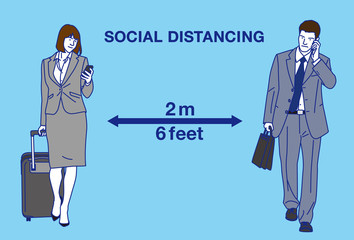 Social distancing　Vector illustration.
  Keep distance sign. Coronovirus epidemic protective equipment. 