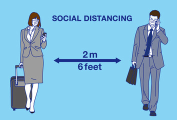 Social distancing　Vector illustration.
  Keep distance sign. Coronovirus epidemic protective equipment. 