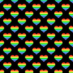 Seamless pattern. Heart with rainbow ribbons. Vector illustration of striped heart on black background for holiday designs, greeting cards, holiday prints, designer packaging, stylish textile, etc.