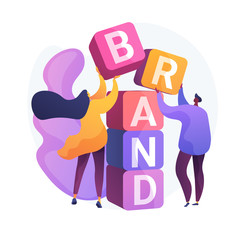 Product brand building. Corporate identity design. Studio designers flat characters teamwork, cooperation and collaboration. Company name. Vector isolated concept metaphor illustration